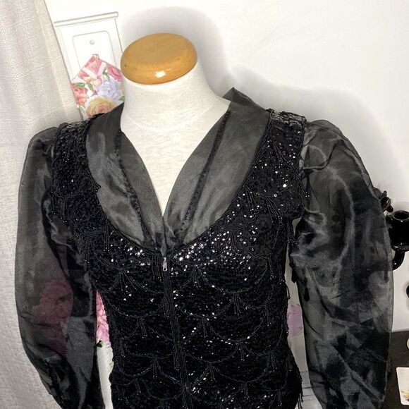 🌹 Gorgeous 100% Wool Vintage Sheer Puffed Sleeve Sequin Beaded Jacket 🌹 - Picture 5 of 10
